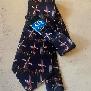 Robin Ruth tie 100% silk - windmills - navy blue gray pink 4”x56” NWT
